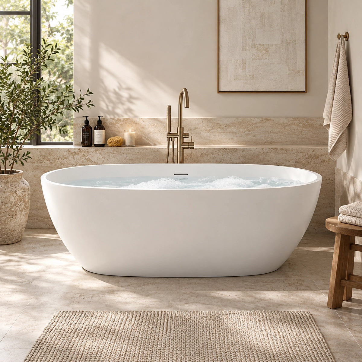 Oval freestanding solid surface soaking bathtub in a naturally lit bathroom with large window