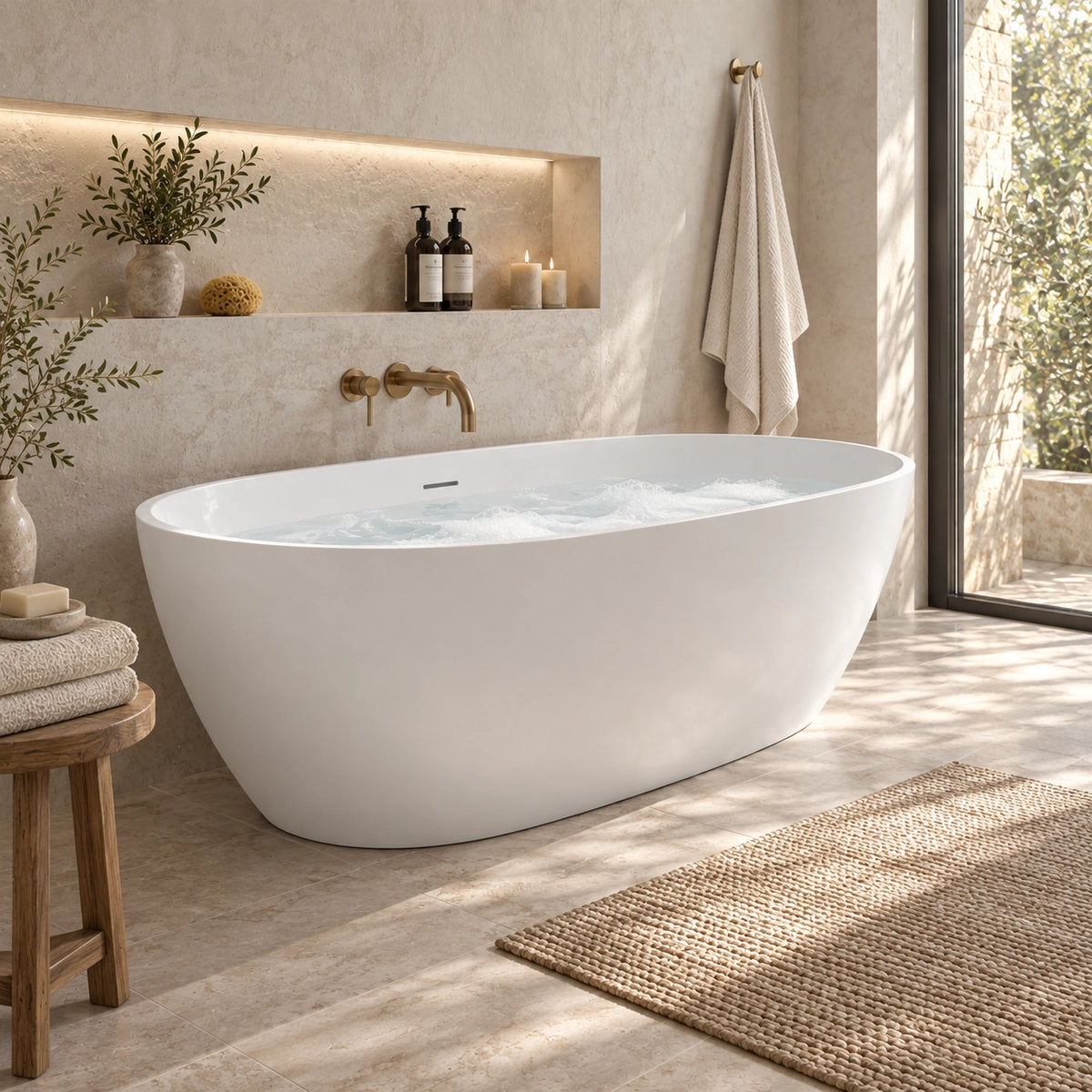 Freestanding oval deep soaking tub inside a bathroom with recessed wall niche
