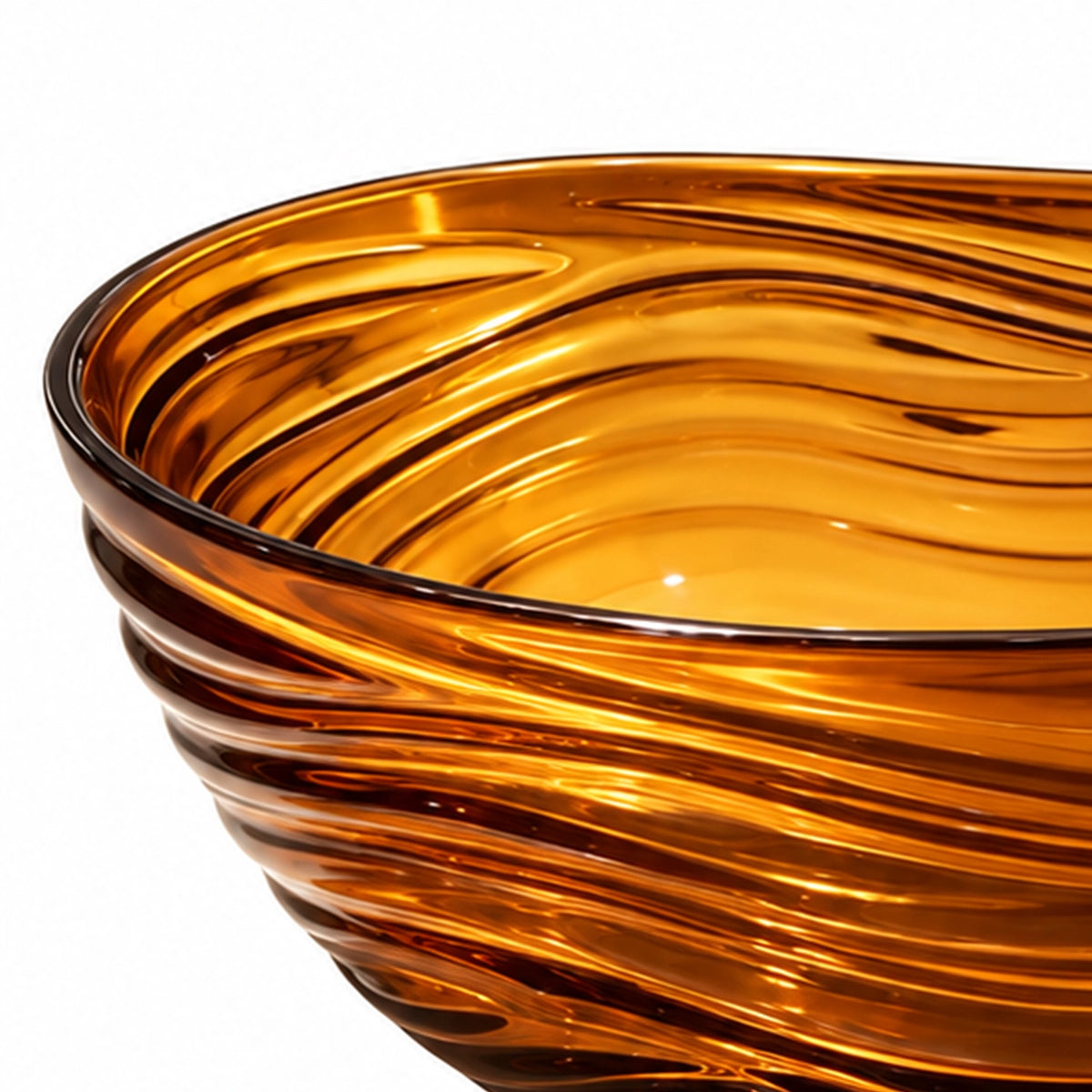 Partial shot of glossy amber wavy bathtub wall and thick polished edge
