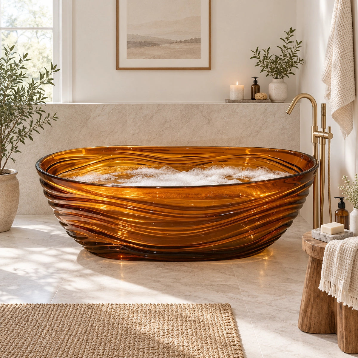 Amber wavy freestanding soaking bathtub placed in bright marble bathroom with window and plants