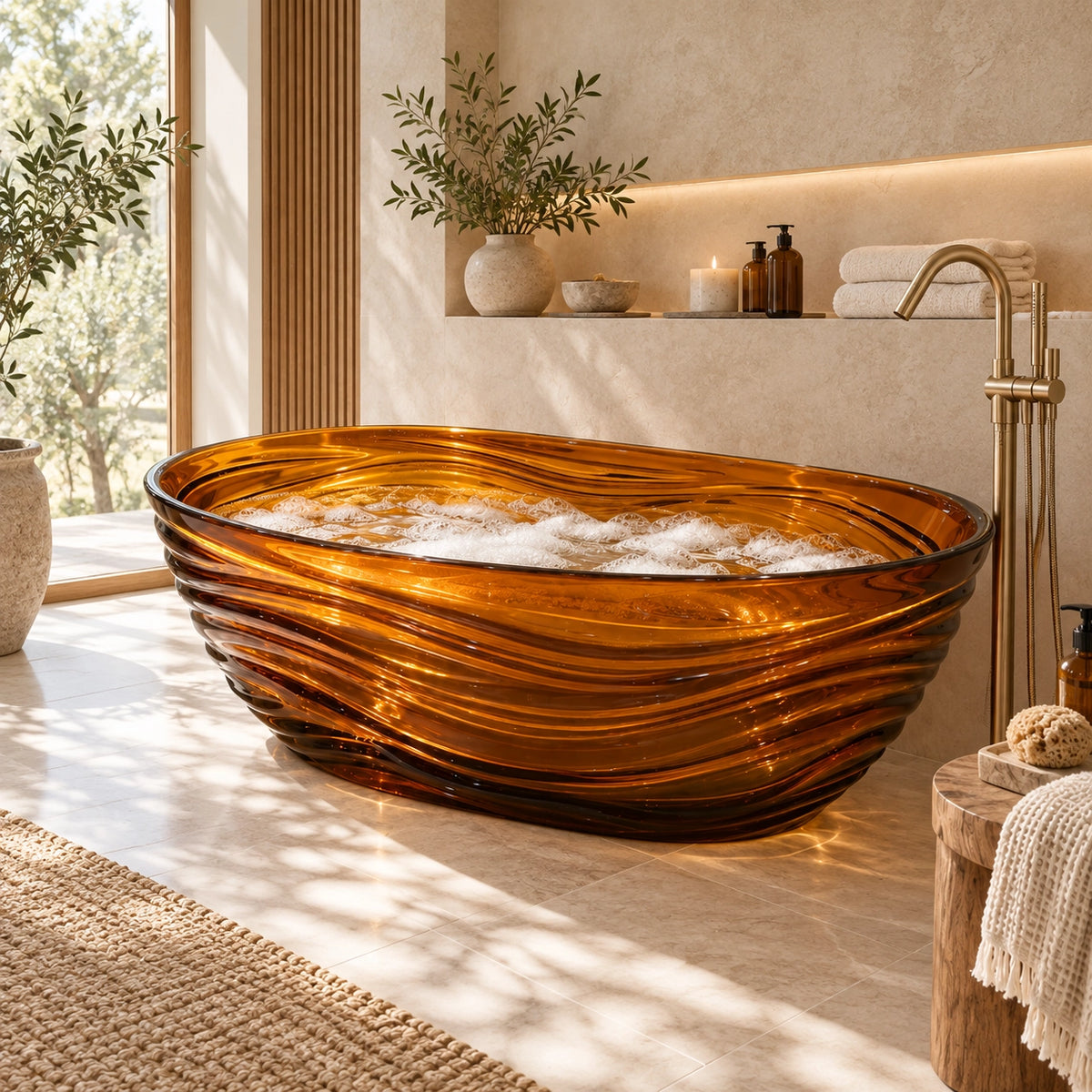 Transparent amber ripple freestanding bathtub inside modern bathroom with wooden slat wall and