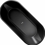 Top overhead shot of empty glossy black oval drop-in bathtub with central drain