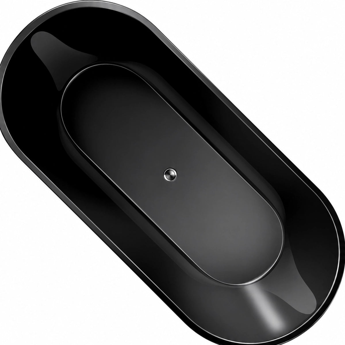 Top overhead shot of empty glossy black oval drop-in bathtub with central drain