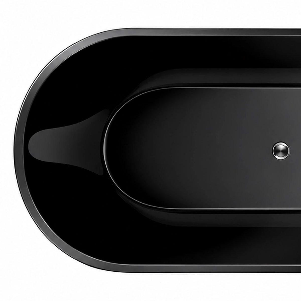 Close-up of oval bathtub rim, curved inner basin and metal drain detail