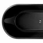 Close-up of oval bathtub rim, curved inner basin and metal drain detail