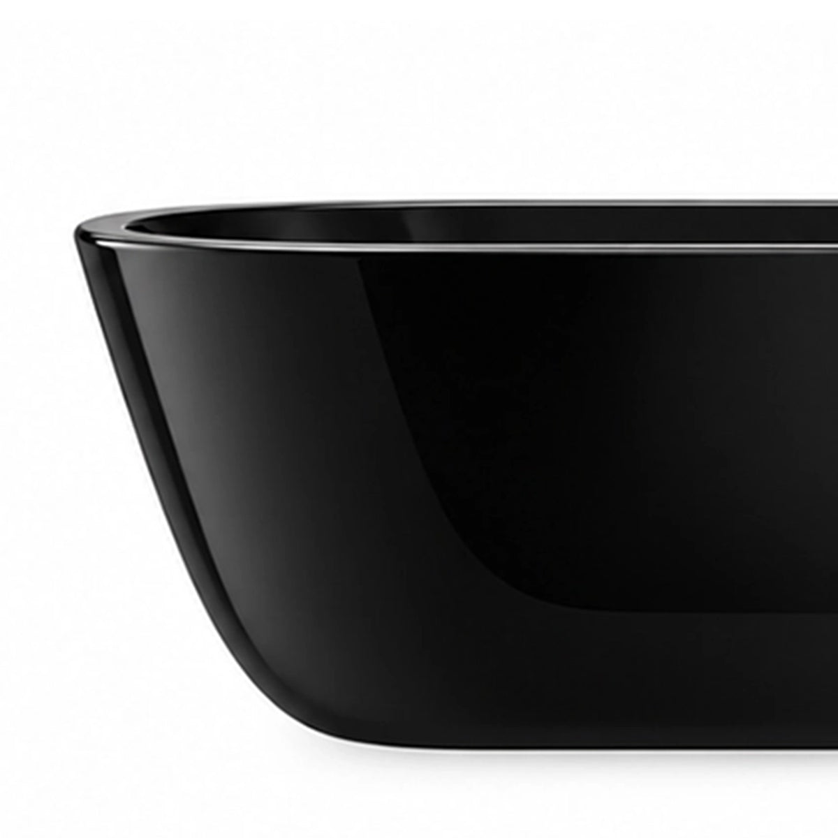 Side profile close-up of glossy black bathtub rim and sloped outer wall