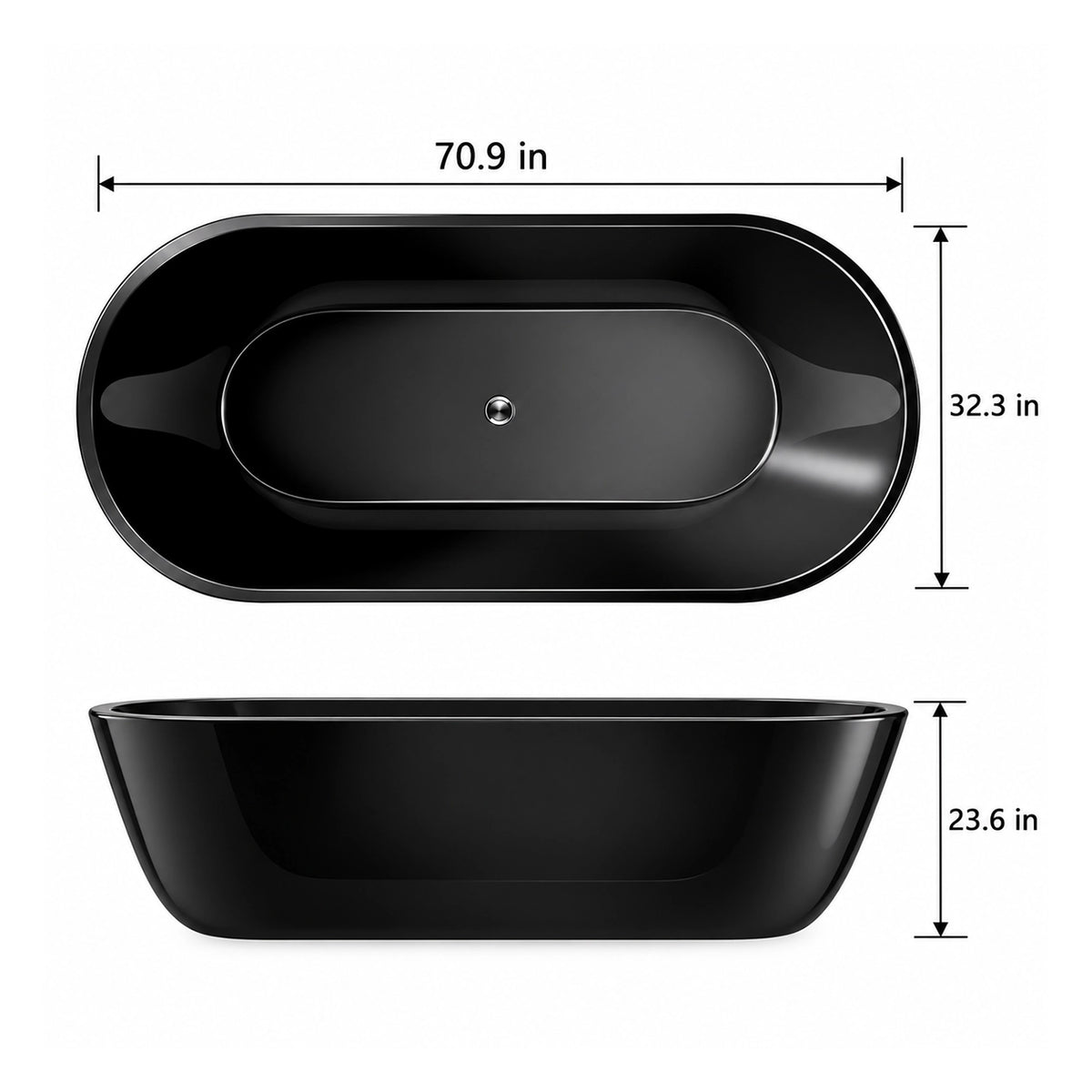 Black oval drop-in soaking tub, 70.9×32.3×23.6 inches, dimension drawing