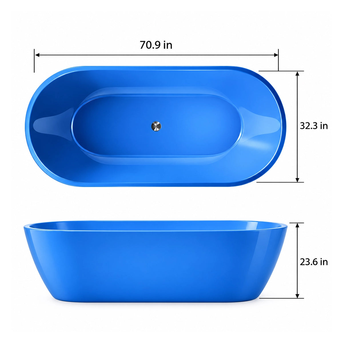 Blue oval drop-in soaking tub, 70.9 by 32.3 by 23.6 inches, dimension diagram