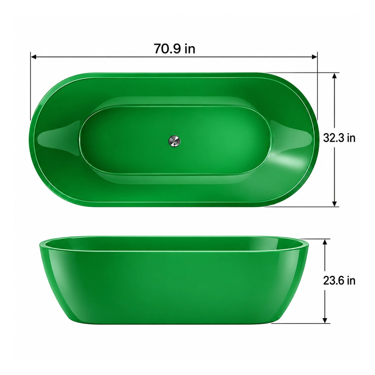 Green oval drop-in bathtub, 70.9"L ×32.3"W ×23.6"H, dual view with size labels