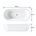 White oval drop-in bathtub, 70.9"L ×32.3"W ×23.6"H, top and side view with dimension marks