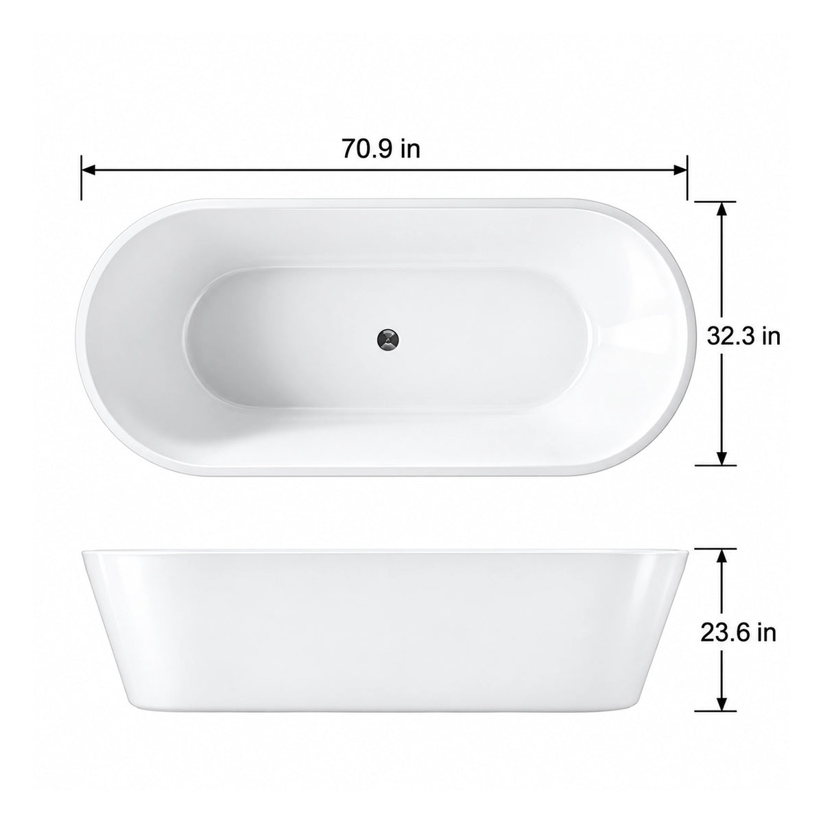 White oval drop-in bathtub, 70.9"L ×32.3"W ×23.6"H, top and side view with dimension marks