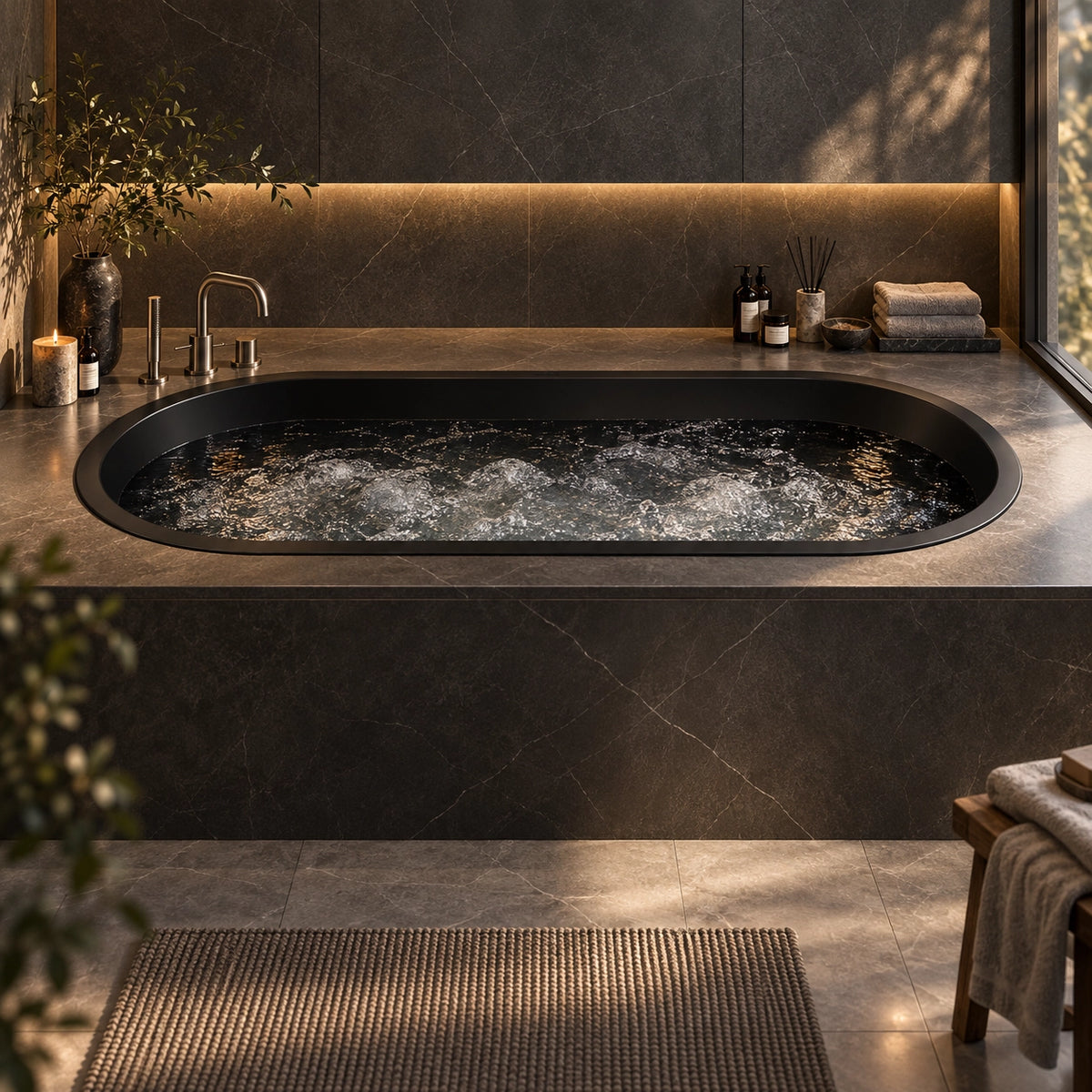 Oval drop-in soaking tub installed in modern dark stone bathroom with ambient lighting