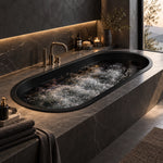 Black oval drop-in bathtub beside window in luxury bathroom with natural view