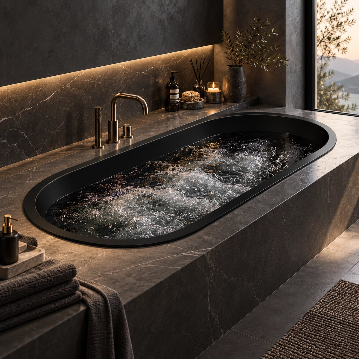 Black oval drop-in bathtub beside window in luxury bathroom with natural view