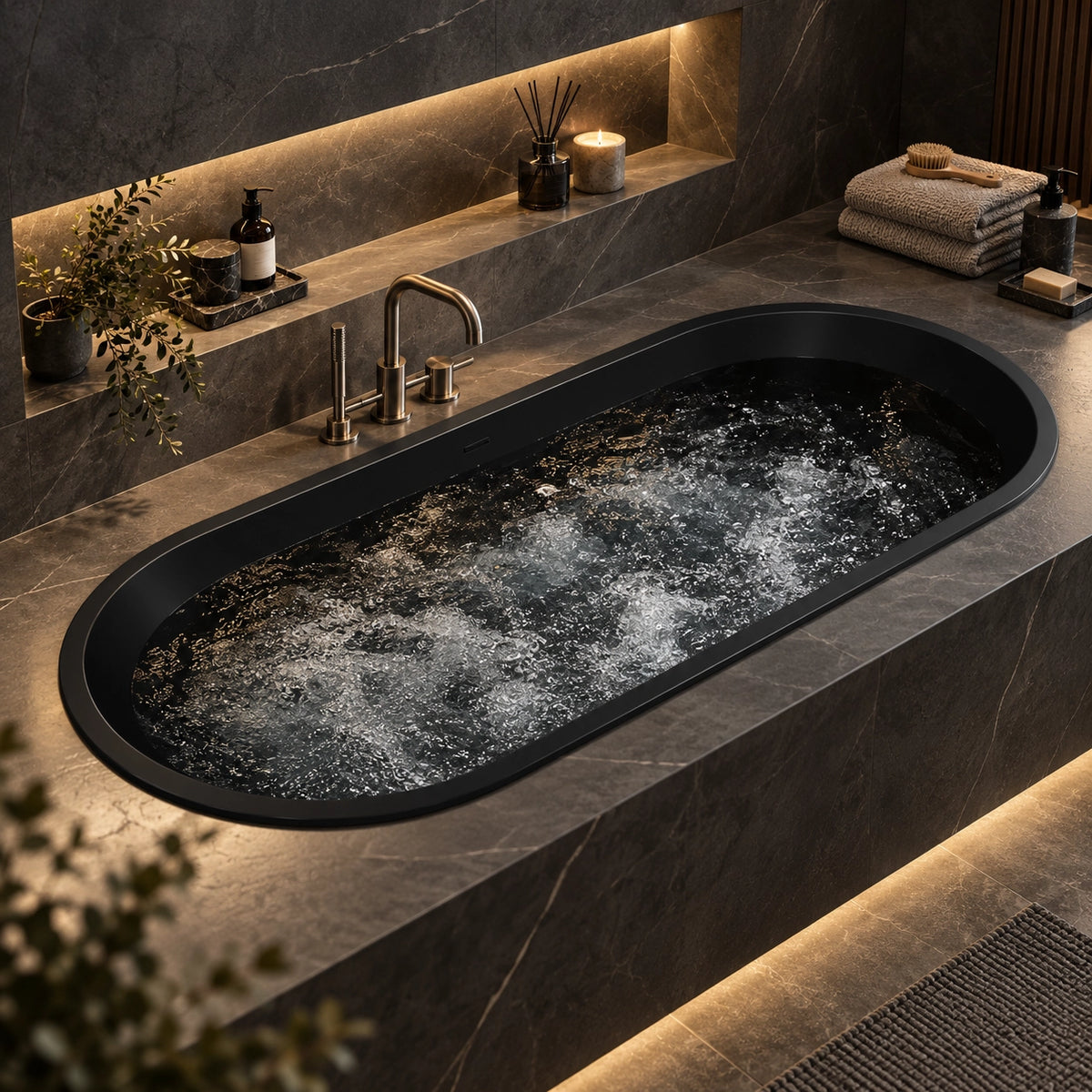 Oval built-in tub inside bathroom with recessed wall niches for toiletries