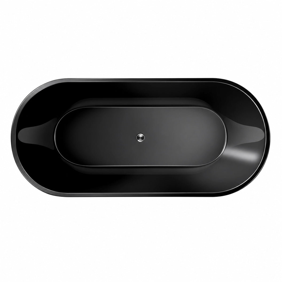 Oval drop-in tub, black surface, overhead shot with central metal drain