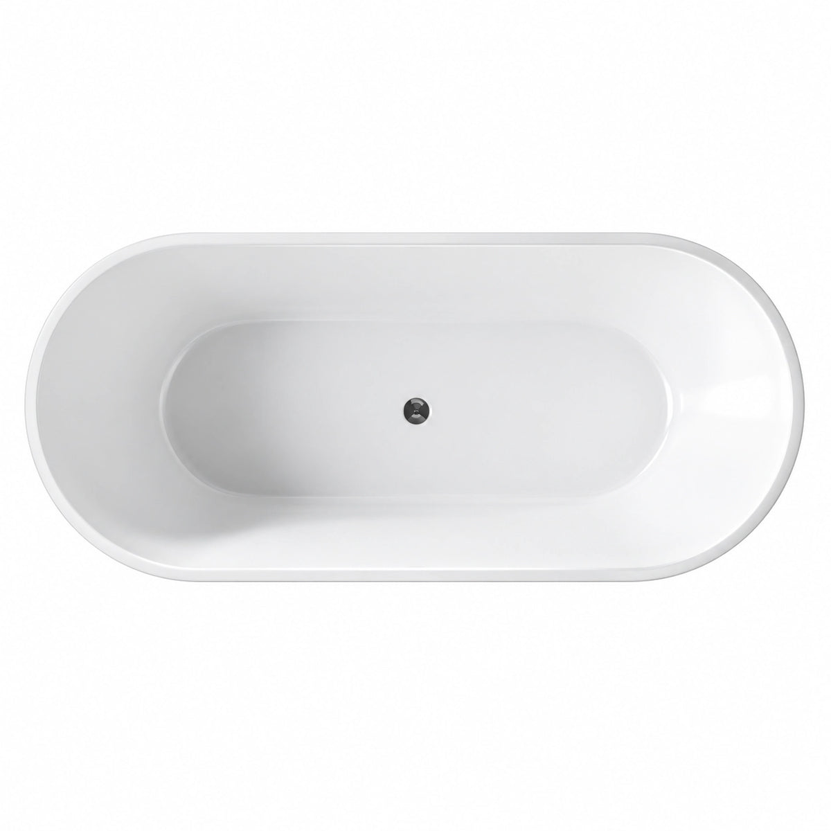 Oval drop-in soaking bathtub, white finish, top view with center drain