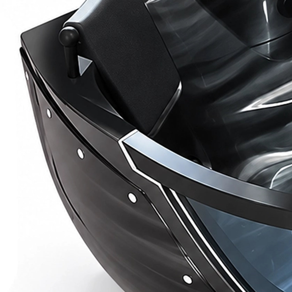 Close-up of bathtub side black headrest and riveted shell, curved transparent viewing window trim