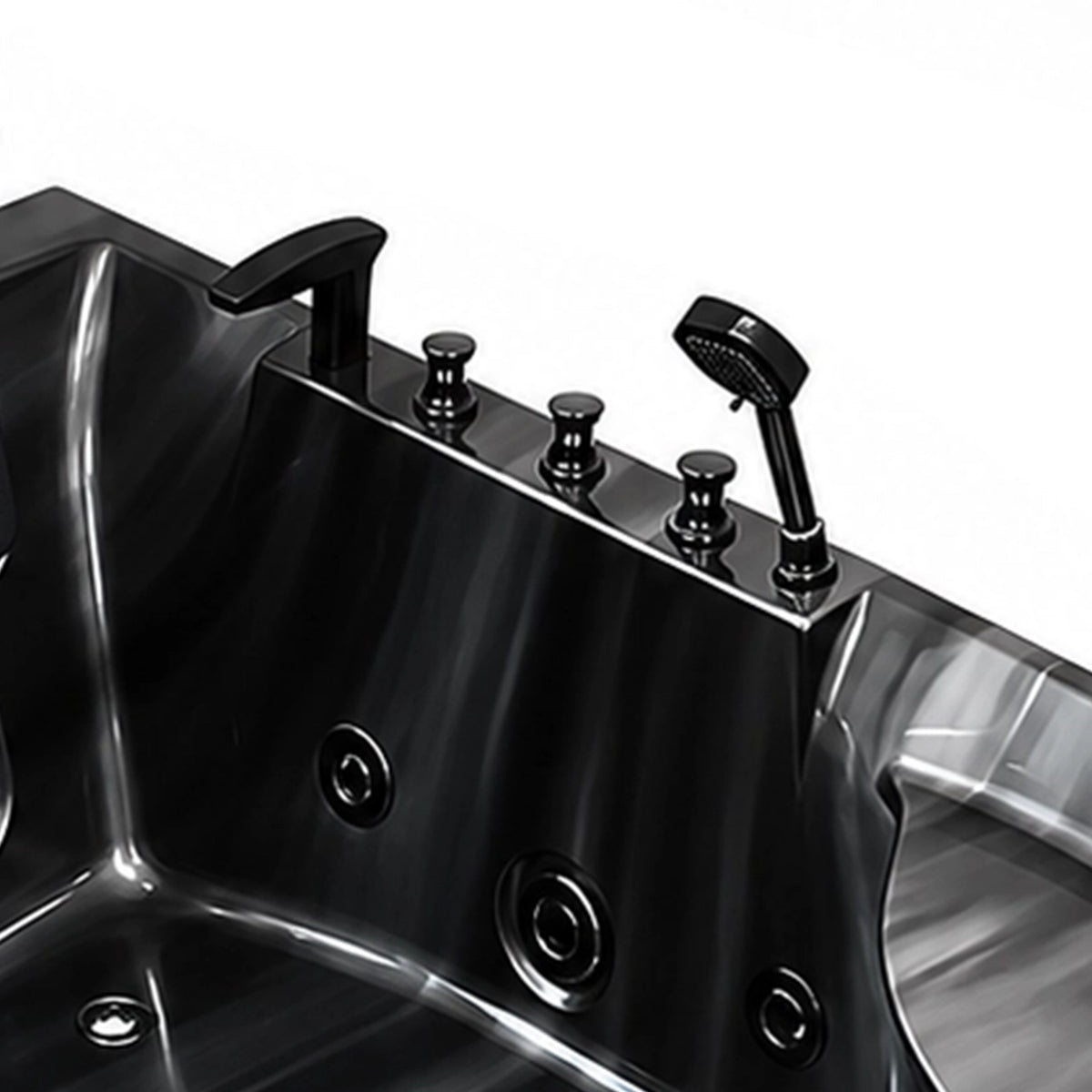 Close-up of bathtub rim black hardware knobs, spout, hand shower and internal massage jets