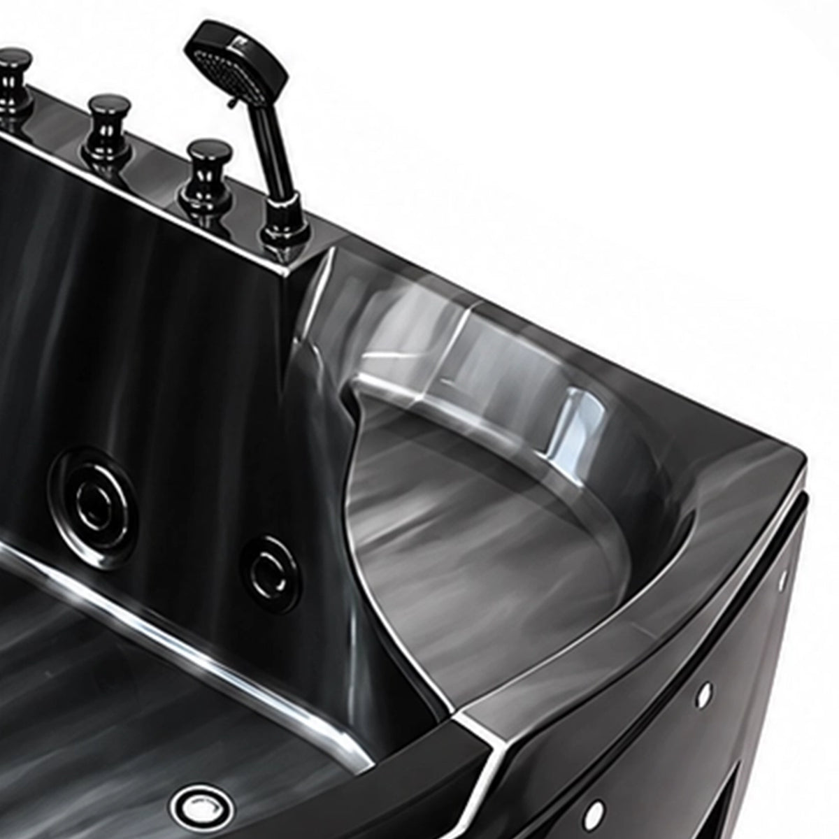 Partial shot of bathtub corner basin, curved transparent viewing panel and rim control hardware