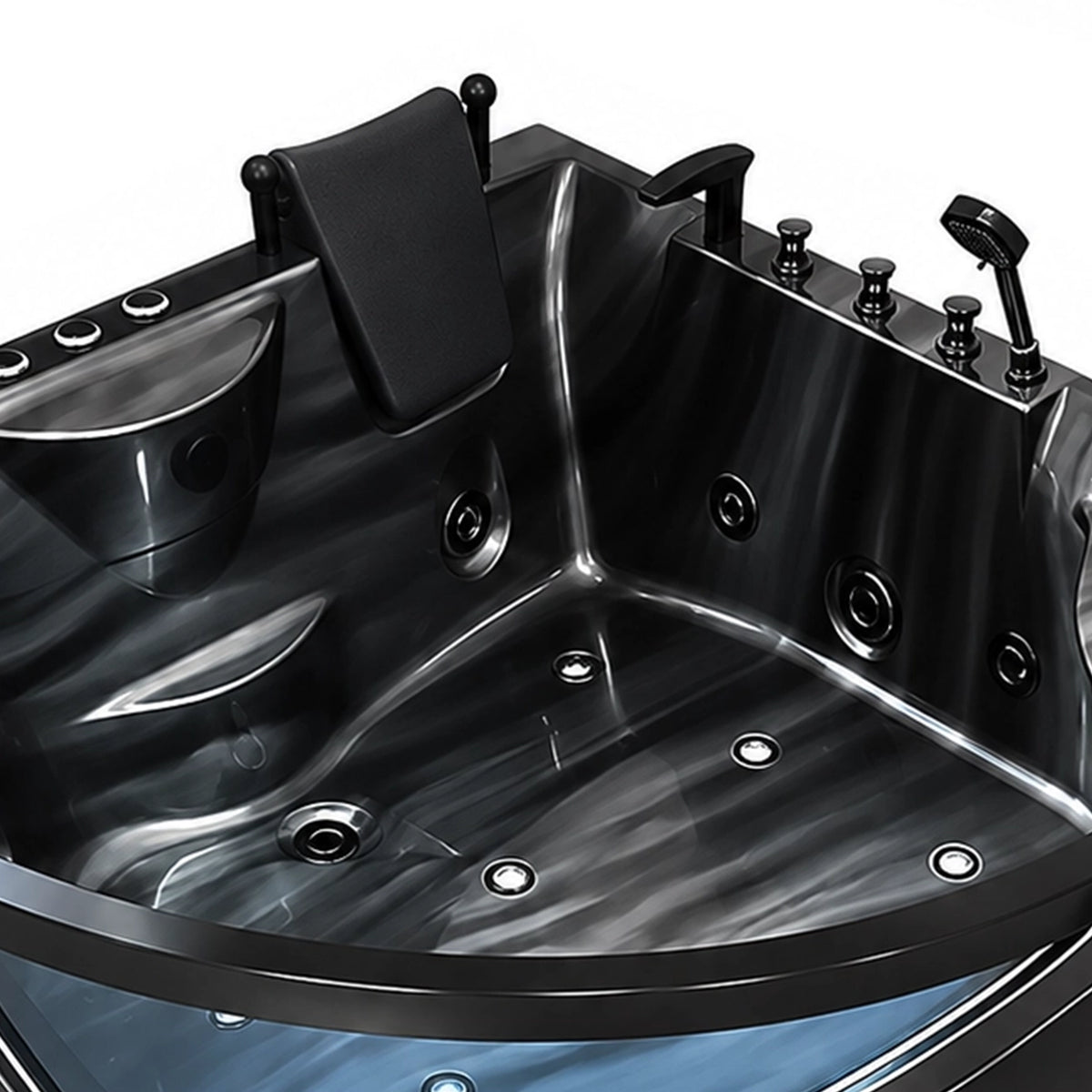 Interior close-up of multiple massage jets, dual black headrests and control buttons inside the tub