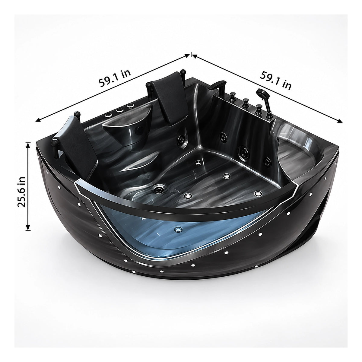 Dimension for 59-inch Black corner two-person whirlpool bathtub.