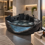 Black corner acrylic whirlpool bathtub inside a modern bathroom with large floor-to-ceiling windows