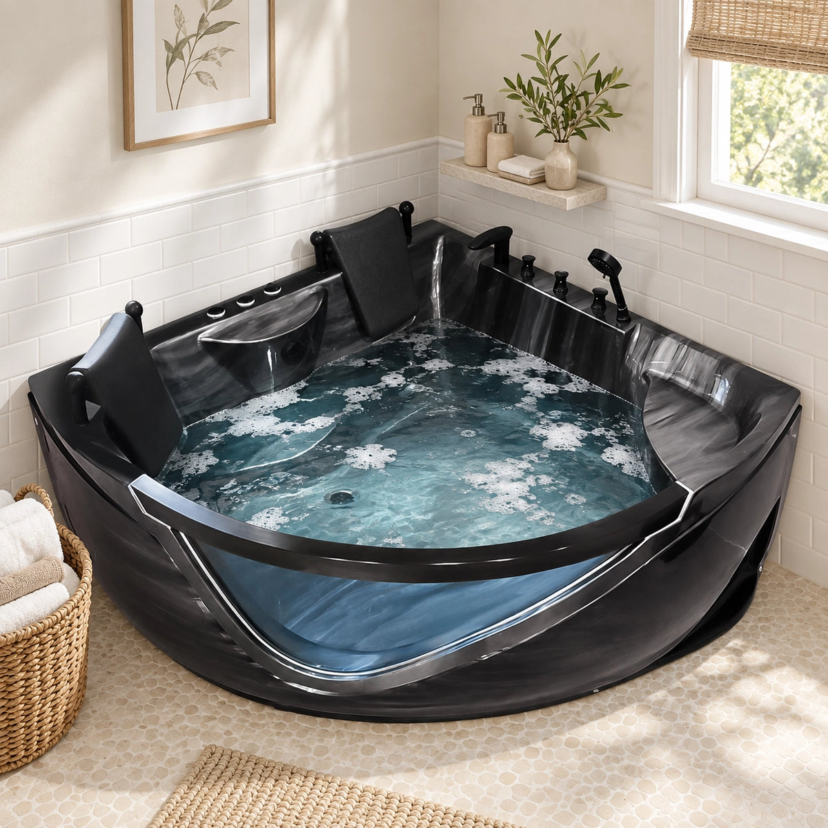 Black corner acrylic 2-person whirlpool bathtub placed in a home bathroom nook with white tiled walls
