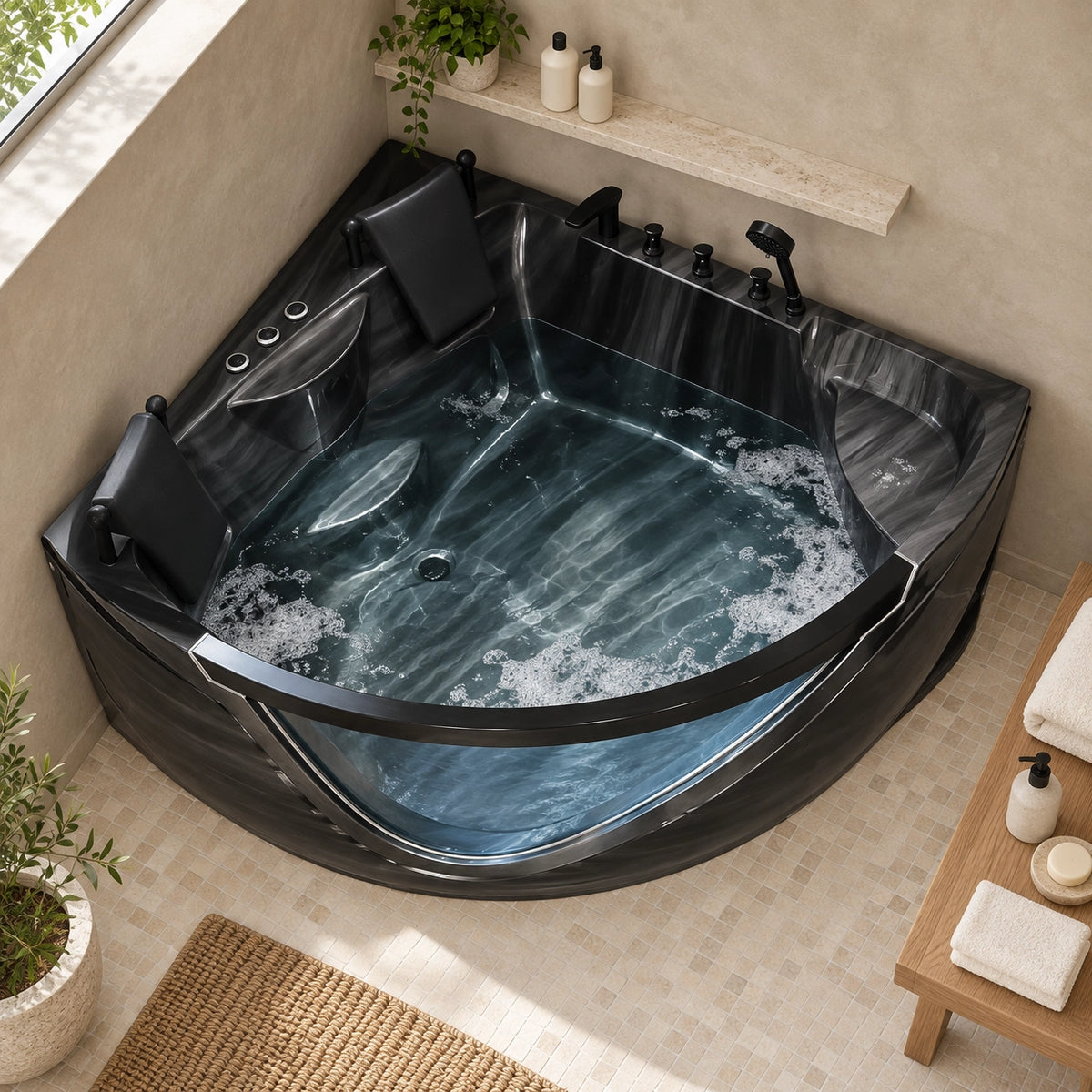 Black two-person corner whirlpool bathtub fitted in a minimalist bathroom corner with light beige walls