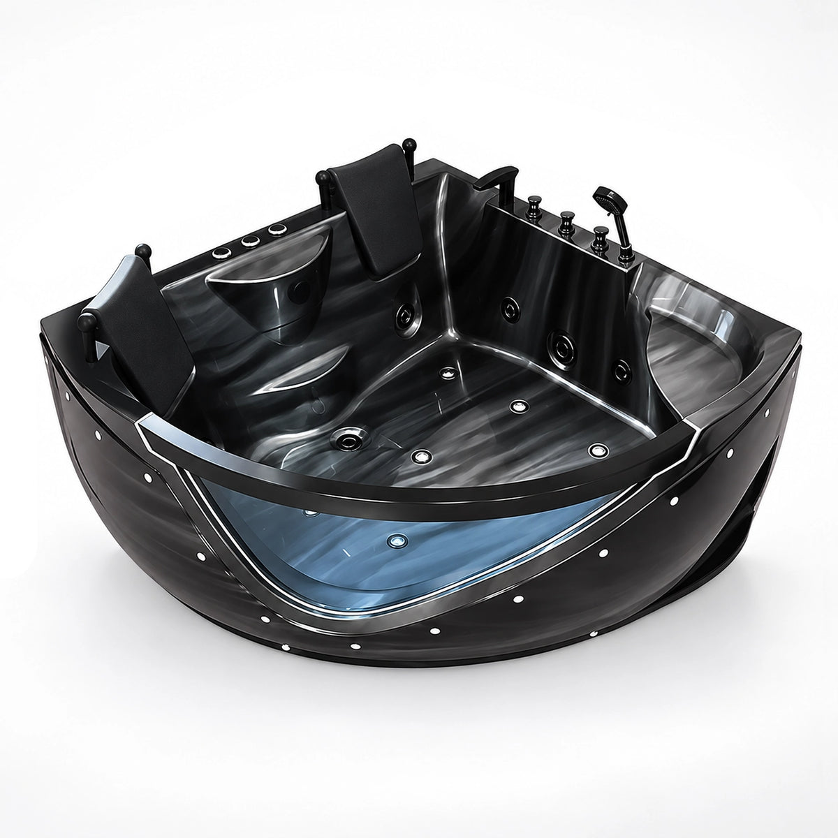 Corner acrylic 2-person whirlpool bathtub, black marbled finish with curved transparent front window