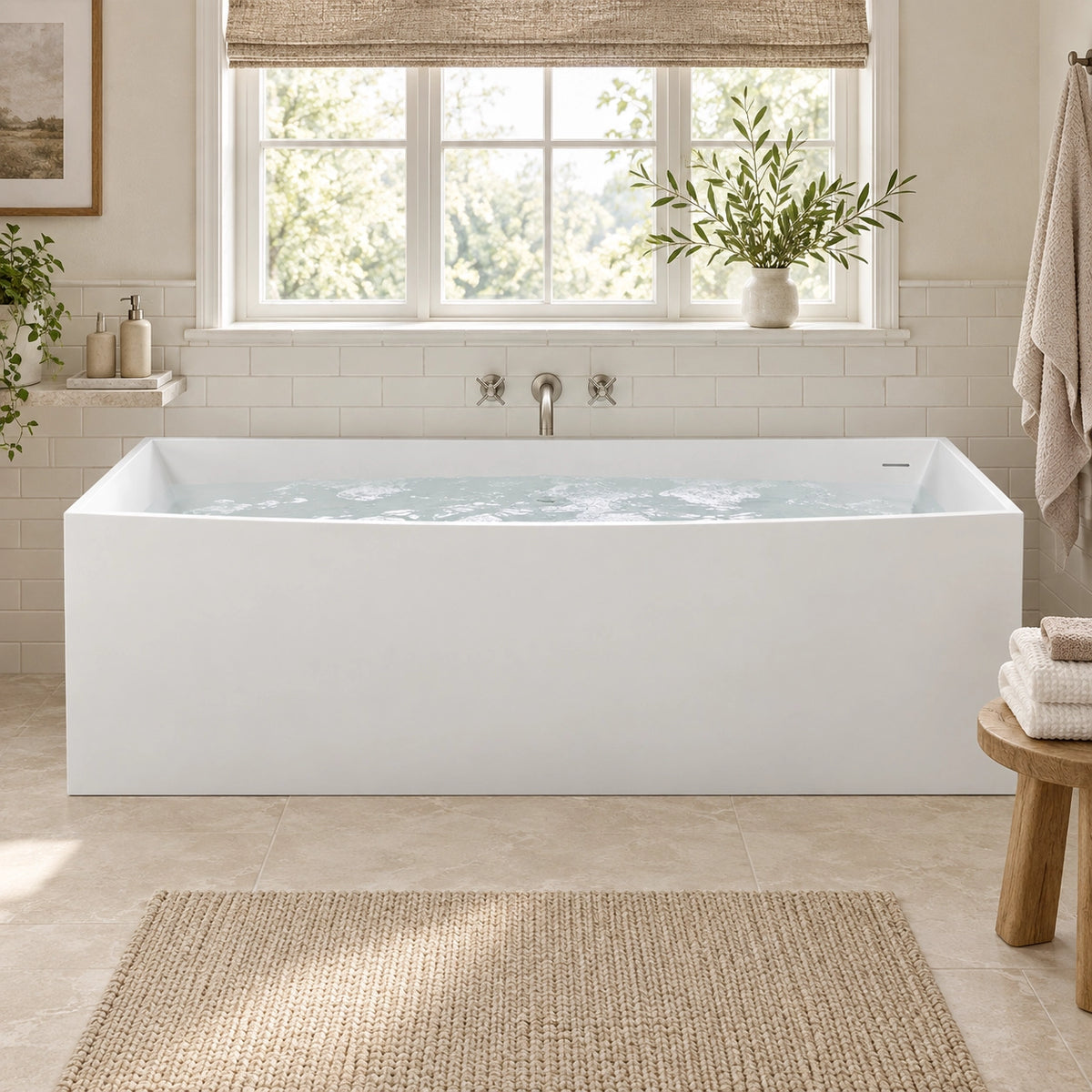 White rectangular freestanding solid surface bathtub in bright bathroom with large window, tiled wall and woven rug