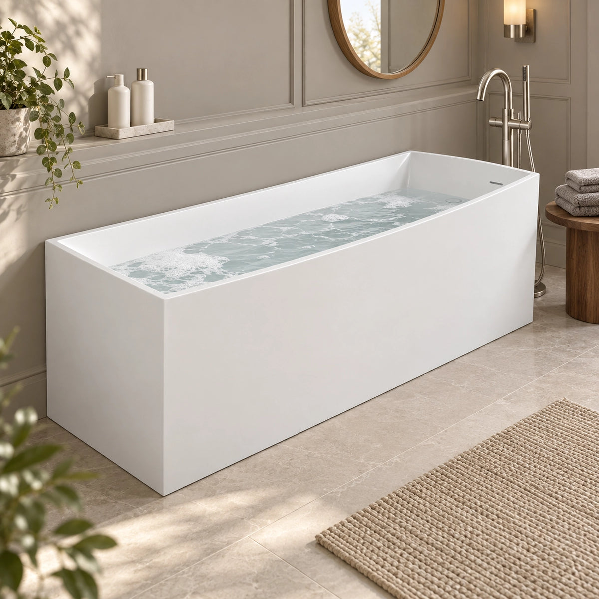 Rectangular freestanding solid surface tub inside soft-toned refined bathroom,wooden stool and decorative greenery