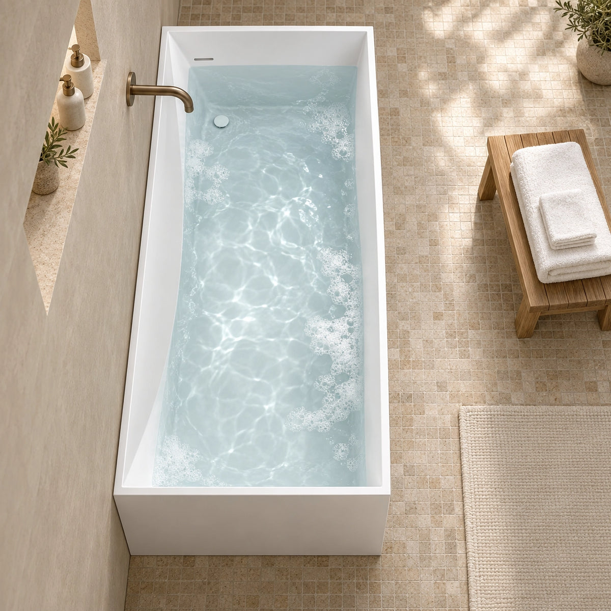 Top-down view of rectangular freestanding bathtub in light beige mosaic tile bathroom, filled with water beside wooden bench