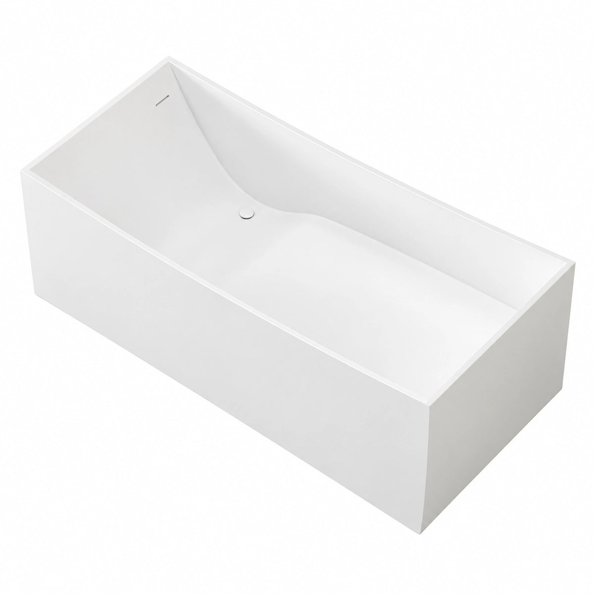 Freestanding solid surface soaking bathtub, rectangular sharp silhouette, seamless one-piece tub with overflow and drain