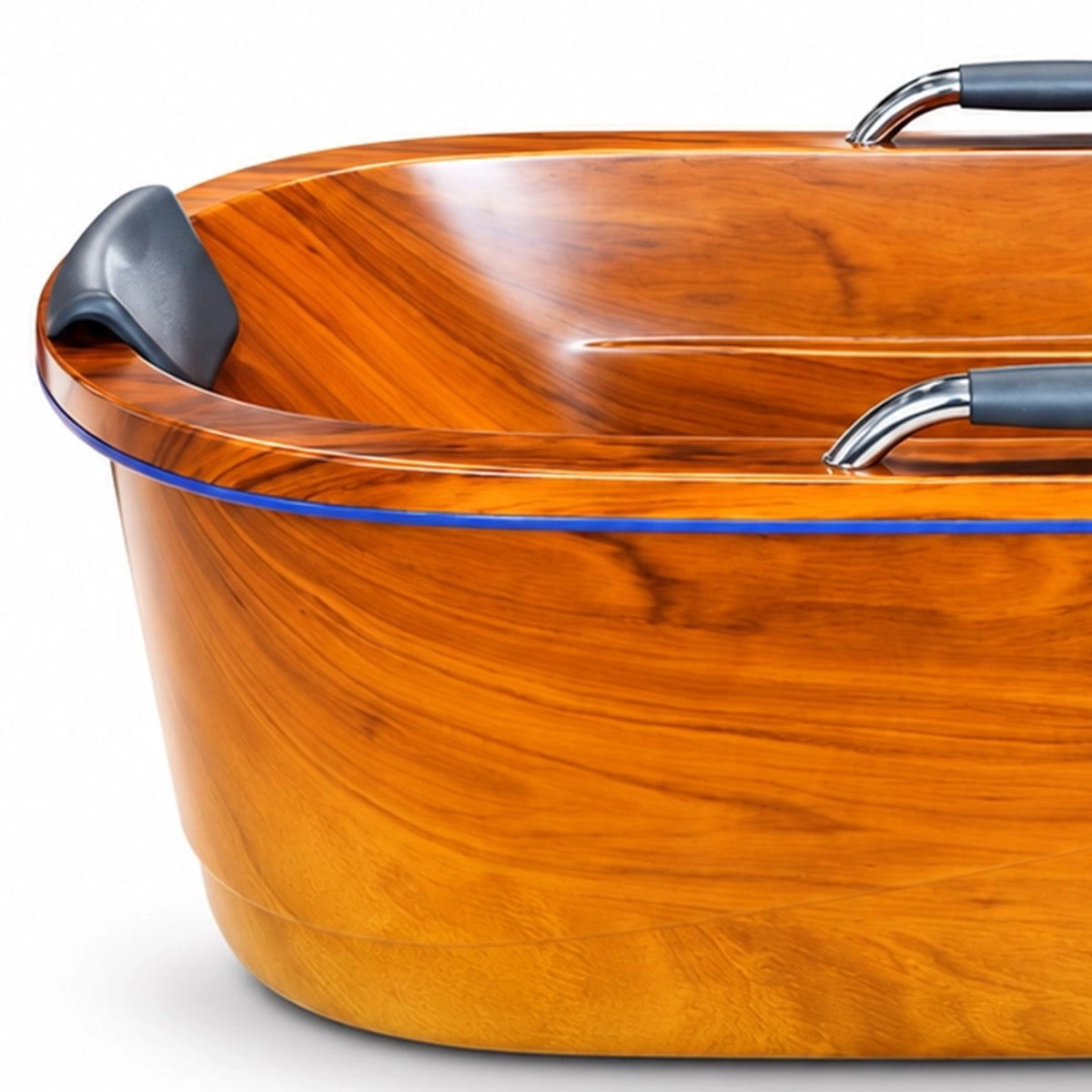 Side close-up of bathtub body, curved rim with blue edge strip, built-in headrest and metal handle, smooth wood texture