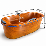 Oval wood grain freestanding bathtub, overall length 66.9in.