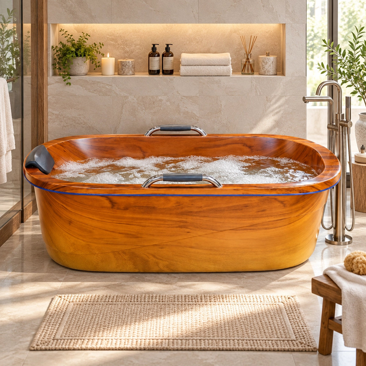 Wood grain oval freestanding acrylic bathtub with metal grab bars and bath pillow, placed in luxury bathroom with recessed niche and bath accessories