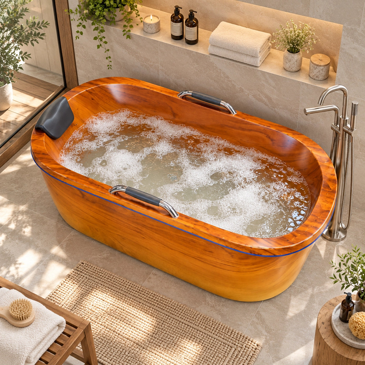 Top view wood grain freestanding bathtub filled with water, in nature-style bathroom with recess shelf, toiletries and woven area rug