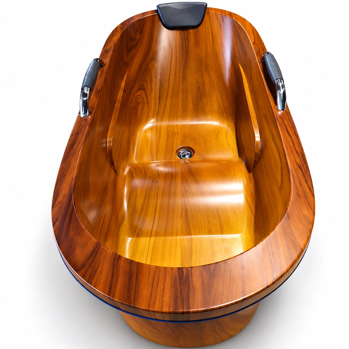 Freestanding wood grain acrylic soaking bathtub, oval shape, fitted with non-slip grab bars and black headrest, one-piece tub construction