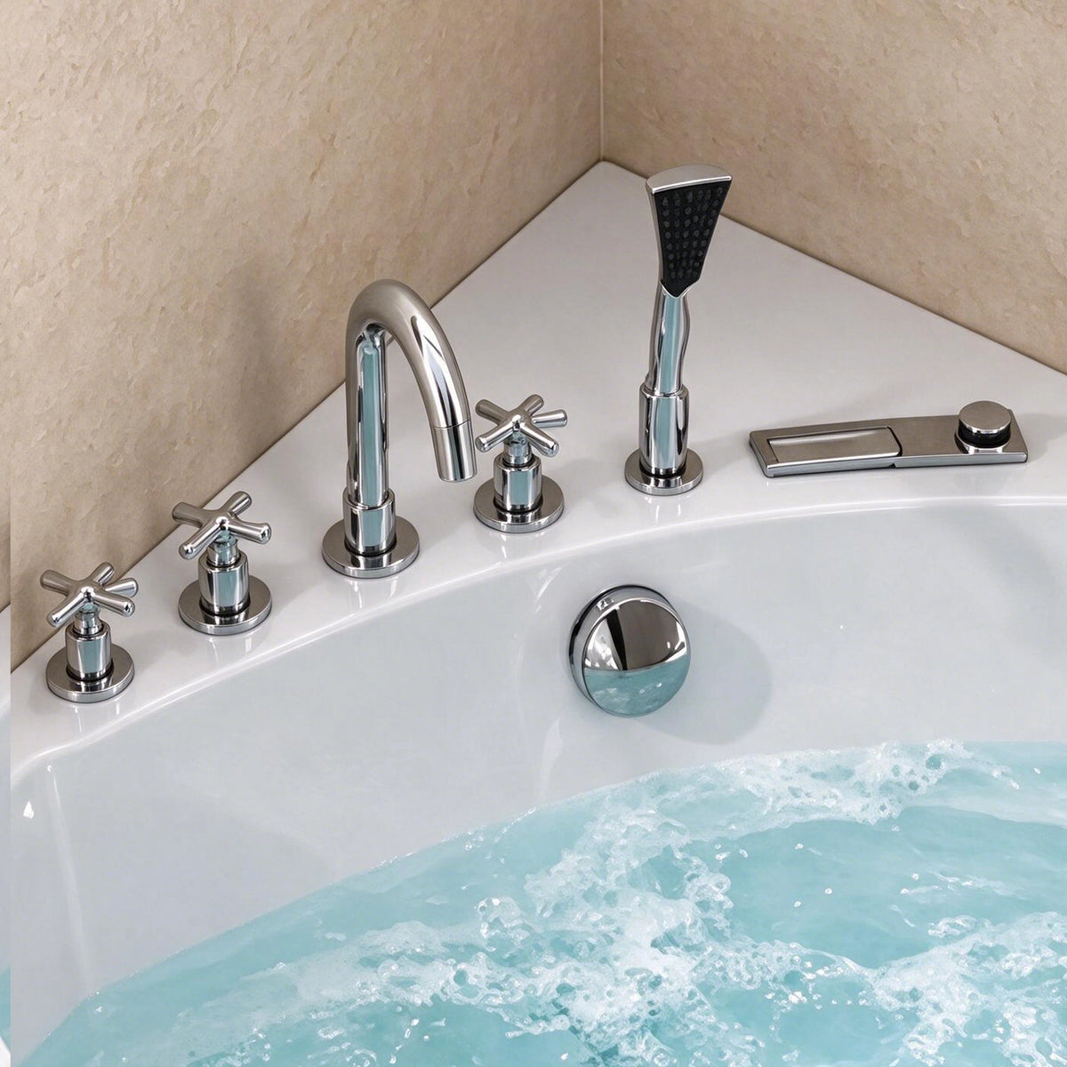 Close-up of chrome deck-mount tub faucet set, cross handle taps, handheld shower and drain knob
