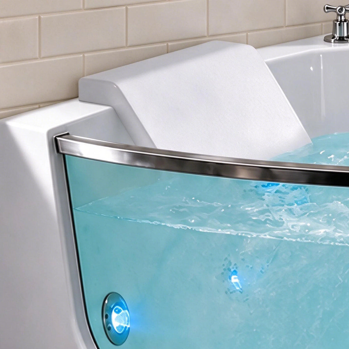 Partial detail of walk-in tub curved transparent door, white headrest and whirlpool jets with blue lights