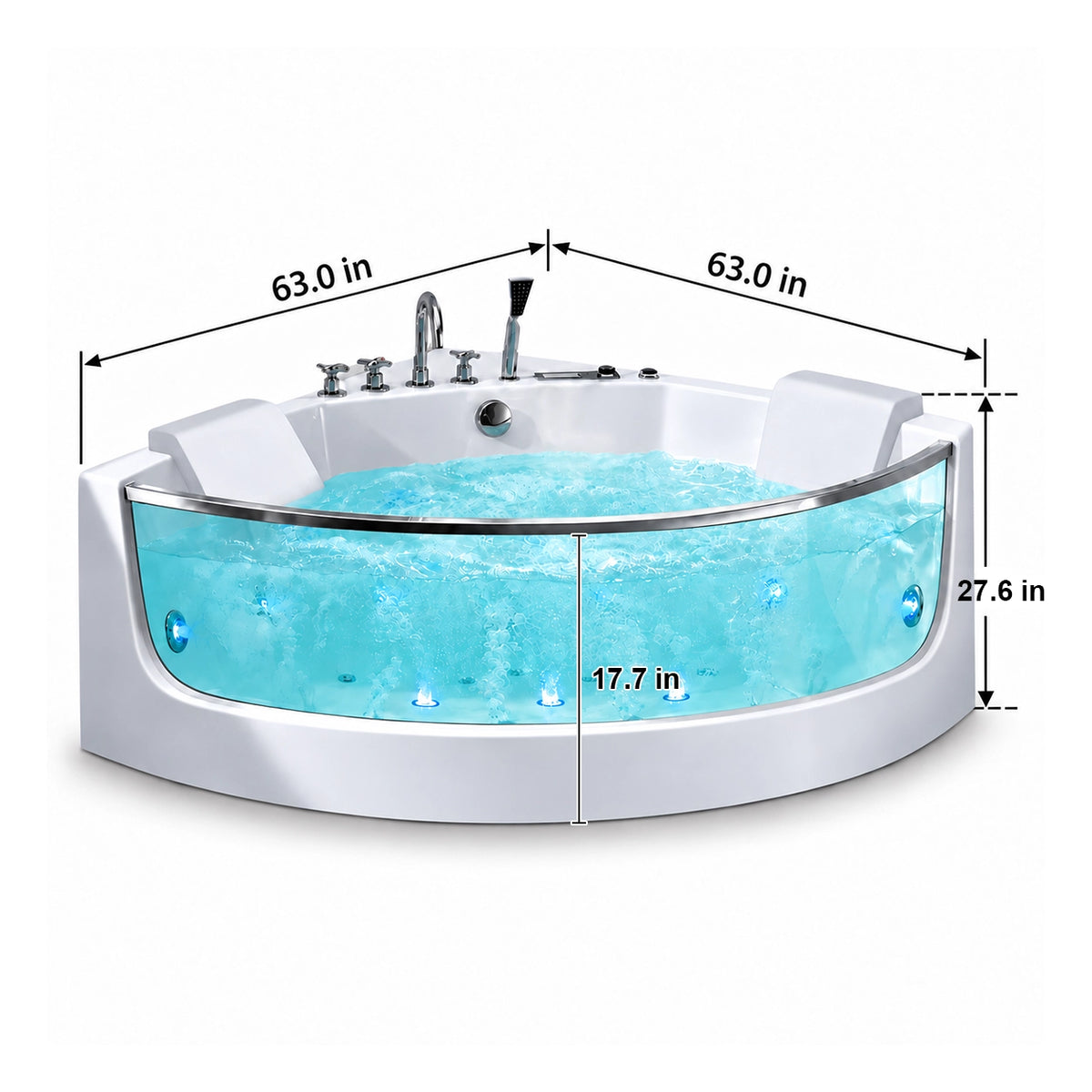 Fan-shaped corner bathtub, 63 in outer side length, 27.6 in overall height