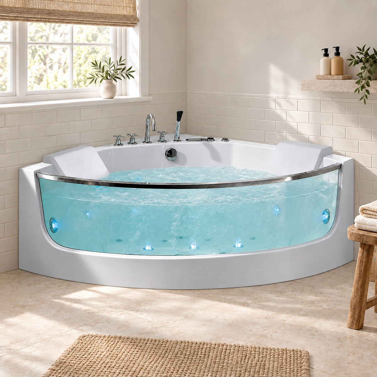 Corner acrylic bathtub placed in a bright bathroom corner with tiled walls and natural window light