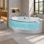 Fan-shaped corner bathtub installed in a modern bathroom with stone tile walls and built-in niche storage