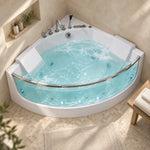 90-degree corner viewing bathtub in a light beige tiled bathroom corner, top-down view of bathroom layout