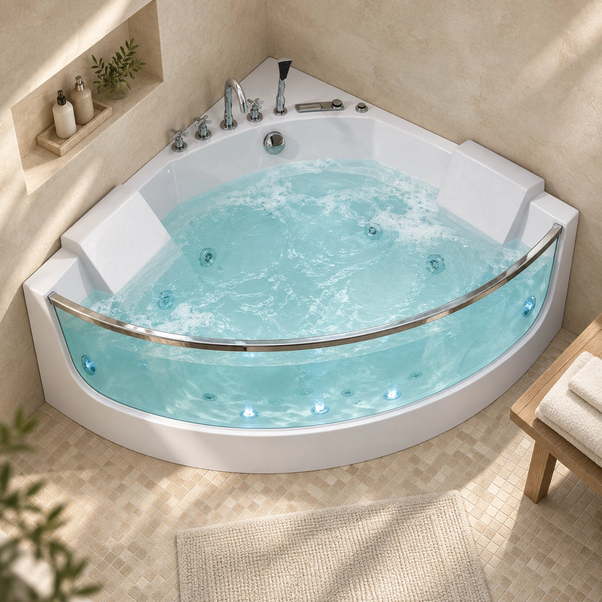 90-degree corner viewing bathtub in a light beige tiled bathroom corner, top-down view of bathroom layout