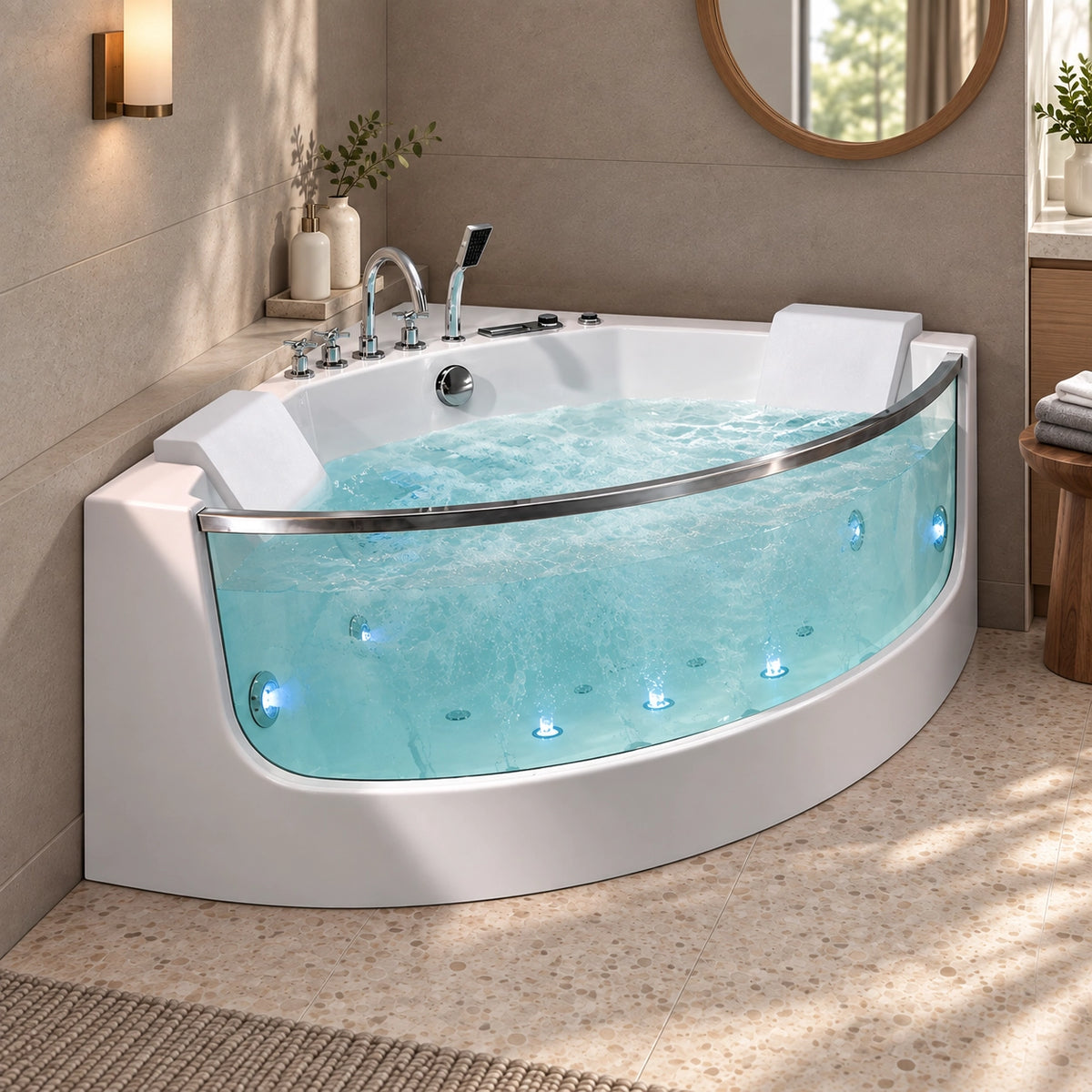 Corner bathtub with curved glass panel set in light grey tiled bathroom, beside wall sconce and round mirror