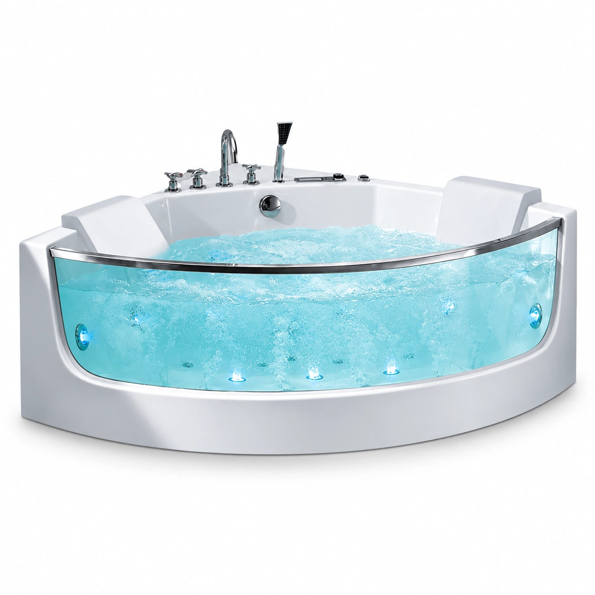 Corner acrylic whirlpool bathtub, featuring curved transparent viewing glass,dual headrests.
