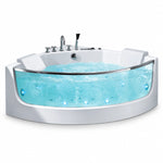 Corner acrylic whirlpool bathtub, featuring curved transparent viewing glass,dual headrests.