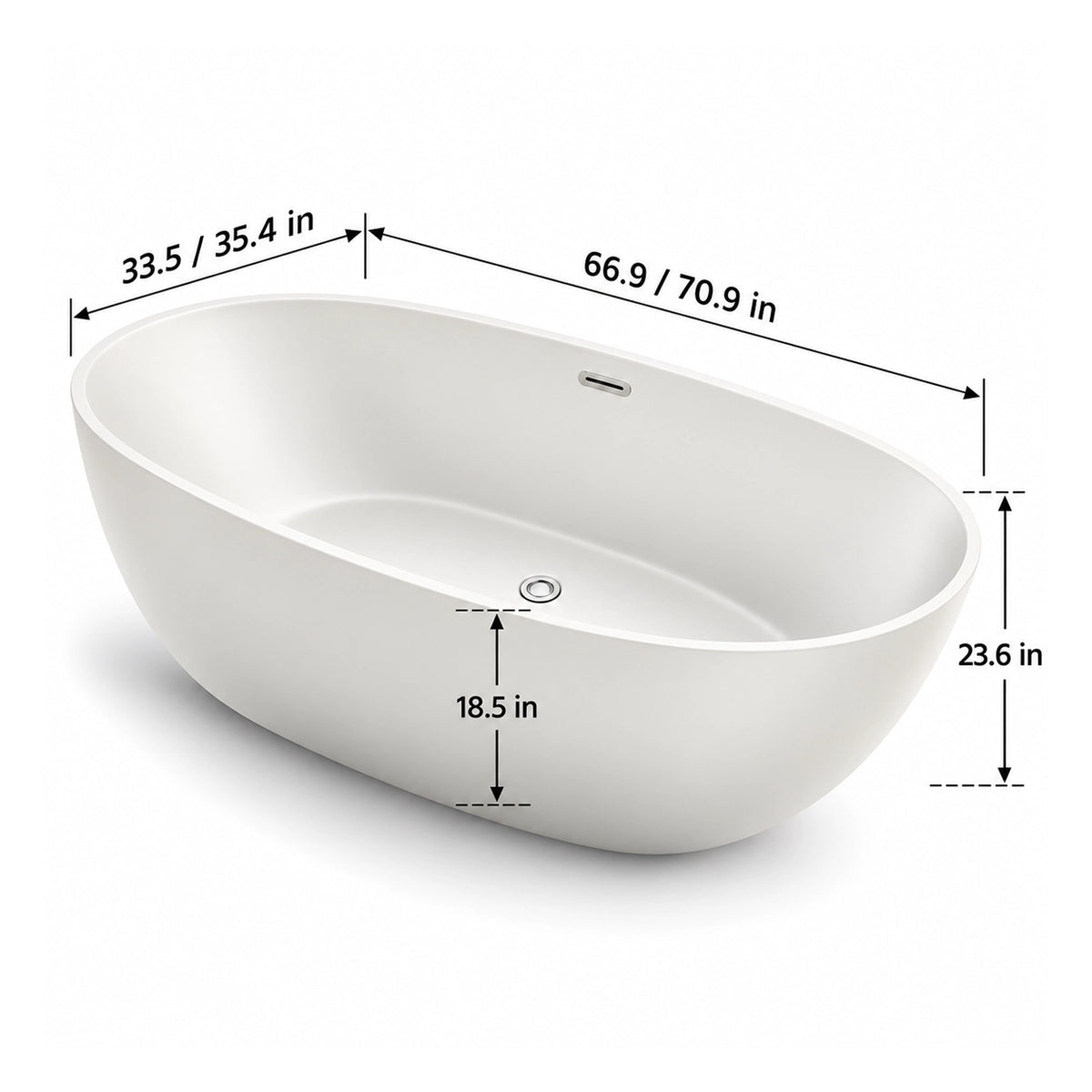 White oval freestanding bathtub marked with overall 66.9 inch/70.9 inch